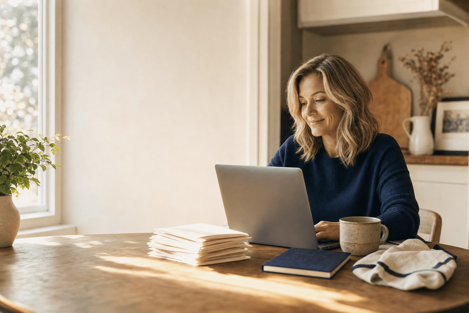 A kitchen table with civil filing packets, a laptop, and morning light.