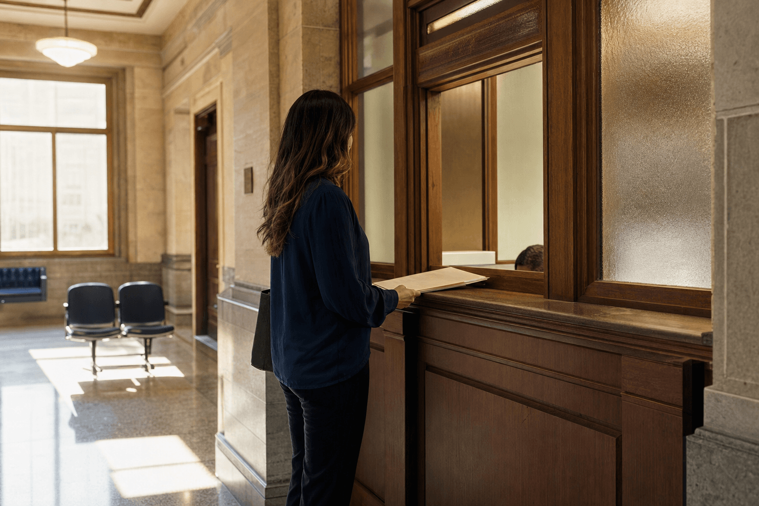 A filer standing at a courthouse clerk window with papers.
