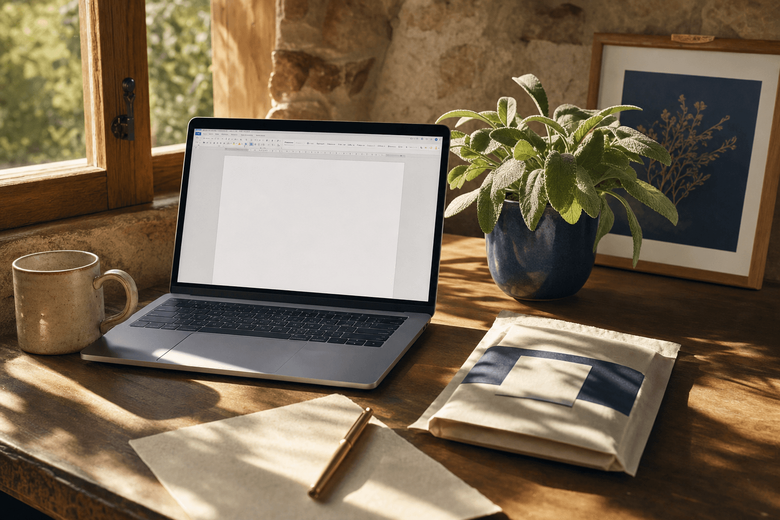 A laptop and printed packet on a home desk.